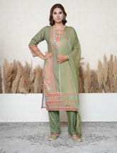Olive Green Printed Pakistani-Style Suit with Mirror Detailing